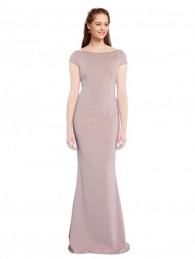 Affordable Boat Neck Cap Sleeve Crepe Prom Dress with Plunging Tie Back UK