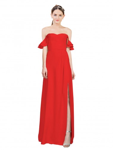 Affordable Double Ruffle Flounce Sleeves Crepe Prom Dress with Slit UK