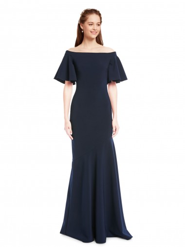 Affordable Off the Shoulder Crepe Prom Dress with Short Ruffle Sleeves. UK