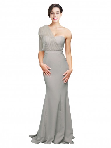 Affordable Long Sweep Train Sweetheart Crepe Prom Dress with Tulle One Shoulder UK