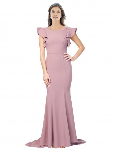 Affordable Flutter Sleeves Low V-Back High Round Neck Crepe Prom Dress UK