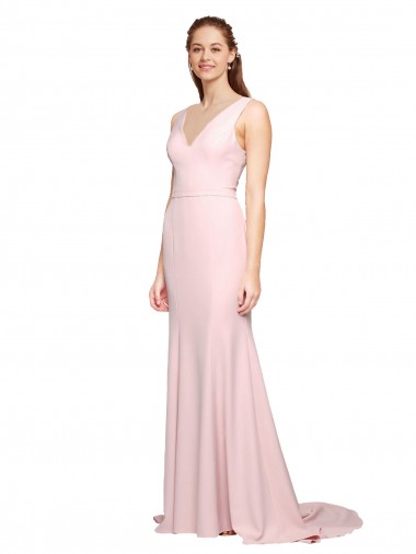 Affordable Deep V-Neckline and Back Long Sweep Train Crepe Prom Dress with Shoulder Straps UK