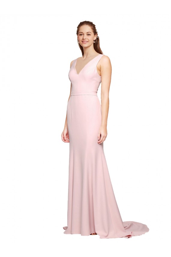 Affordable Deep V-Neckline and Back Long Sweep Train Crepe Prom Dress with Shoulder Straps UK