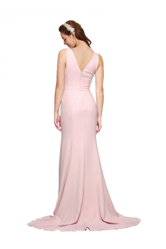 Affordable Deep V-Neckline and Back Long Sweep Train Crepe Prom Dress with Shoulder Straps UK