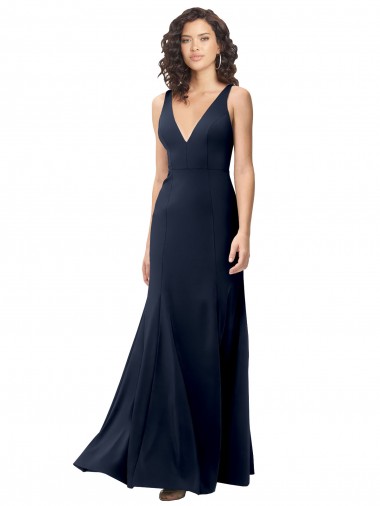 Affordable Classic V-Neck Long Stretch Crepe Prom Dress with V-Back UK