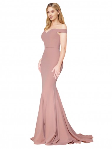 Affordable Off the Shoulder Sweetheart Long Sweep Train Crepe Prom Dress UK