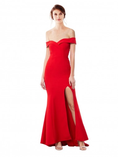 Affordable Off the Shoulder Sweetheart Maxi Crepe Prom Dress With Thigh Split and Train UK