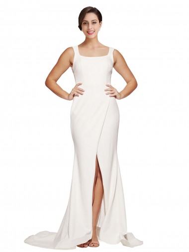 Affordable Square Neck Long Sheath Sweep Train Crepe Prom Dress  UK