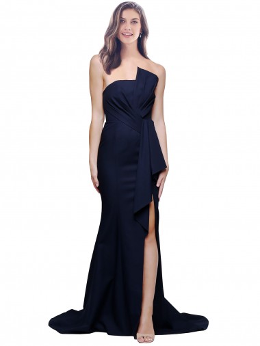 Affordable Long Strapless Sweep Train Low Back Crepe Prom Dress UK