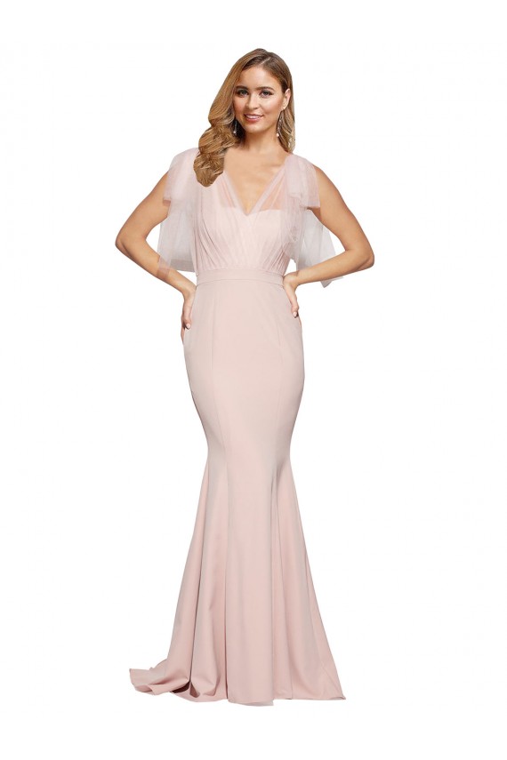 Affordable Double Bow Full Length Sweetheart Crepe Prom Dress with Tulle Overlay UK