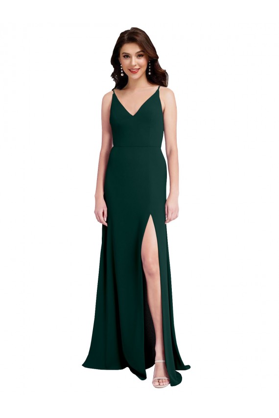 Affordable Slim A-Line V-Neck Full Length Crepe Prom Dress with Side Slit UK