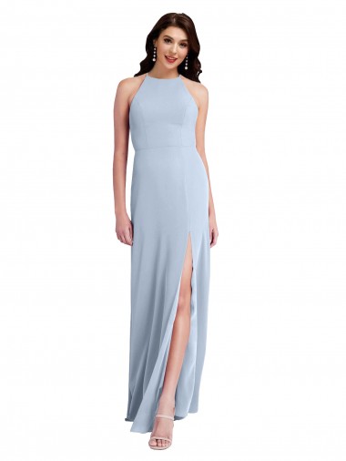 Affordable Fit and Flare High Neck Crepe Prom Dress with Side Slit UK