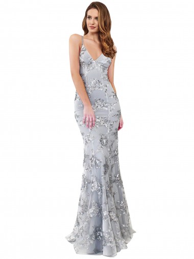 Affordable Silver V-Neckline Backless Floral Patterned Sequin Prom Dress UK