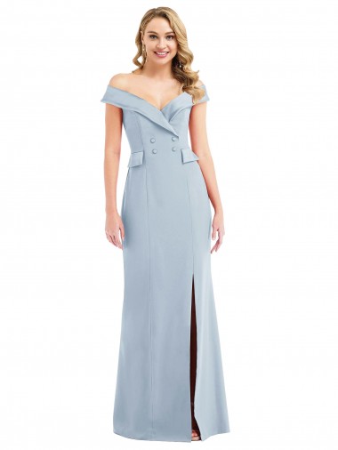 Affordable Off the Shoulder Tuxedo Maxi Prom Dress with Front Slit UK