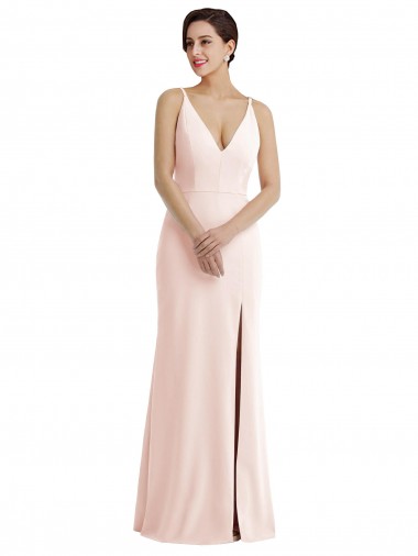 Affordable Skinny Strap Deep V-Neck Trumpet Crepe Prom Dress with Front Slit UK