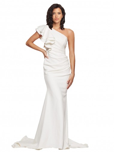 Affordable Ruched Long Sweep Train Crepe Prom Dress with Shoulder Ruffles UK