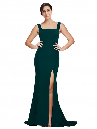 Affordable Fitted Square Neck Long Crepe Prom Dress with Train and Side Split UK