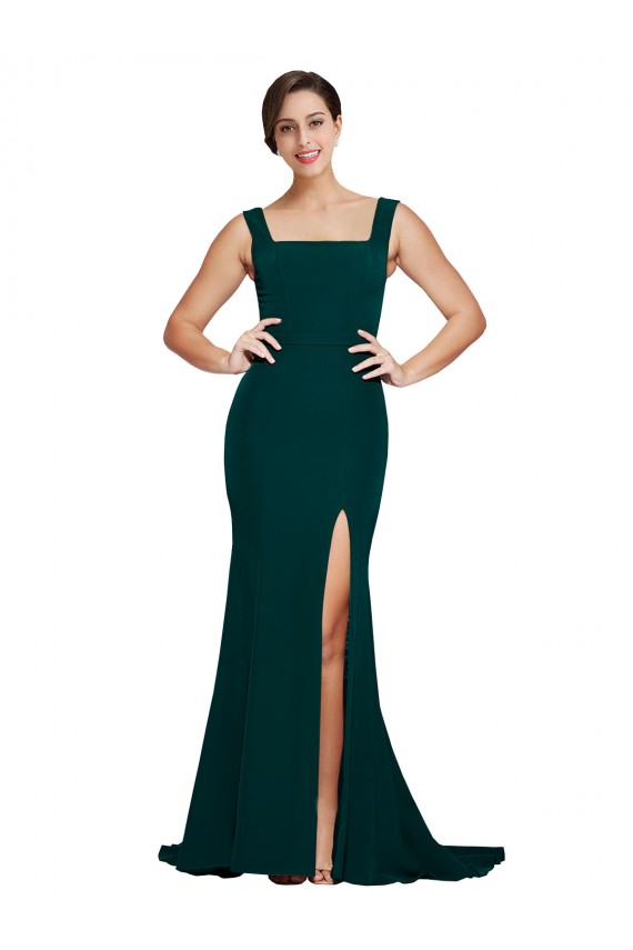 Affordable Fitted Square Neck Long Crepe Prom Dress with Train and Side Split UK