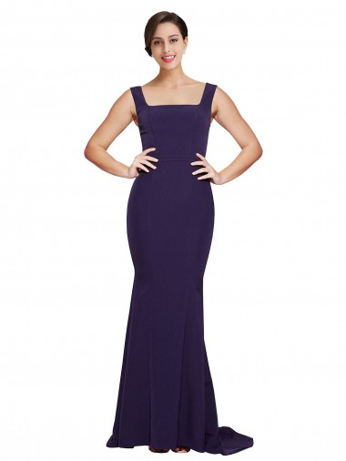 Affordable Square Neck Long Sweep Train Crepe Prom Dress with Thick Straps UK