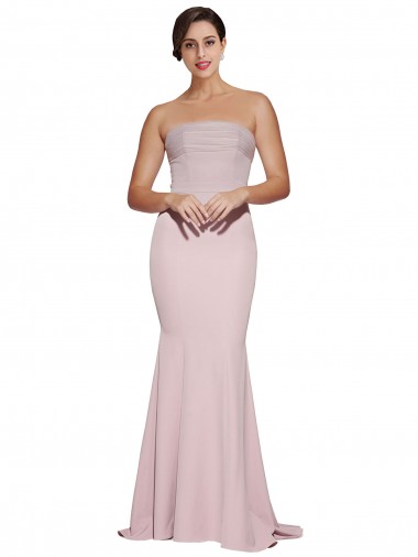 Affordable Straight Neck Long Strapless Crepe Prom Dress with Soft Tulle Overlay and Small Train UK