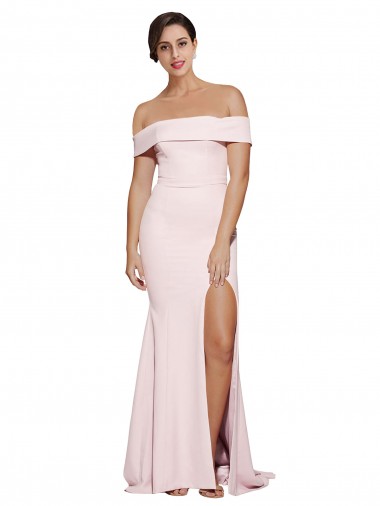 Affordable Off Shoulder Long Crepe Prom Dress with Straight Neckline and Side Split UK