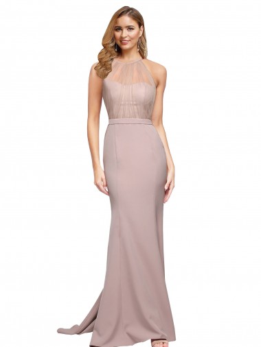 Affordable Long Sweetheart Crepe Prom Dress with High Neck Illusion Tulle Details UK