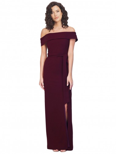 Affordable Fitted Full Length Off the Shoulder Crepe Prom Dress with Side Split and Waist Tie UK