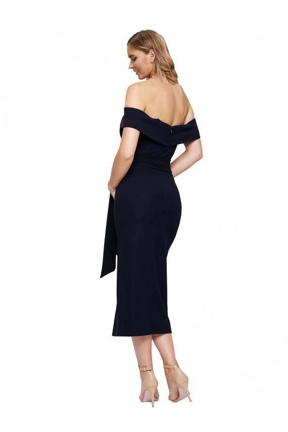 Affordable Fitted Short Midi Length Off the Shoulder Crepe Cocktail Prom Dress / Homecoming Dress with Side Split and Waist Tie UK