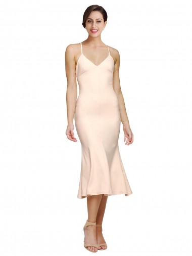 Affordable Midi Length V-Neckline Crepe Cocktail Prom Dress / Homecoming Dress with Thin Straps and Fulted Skirt UK