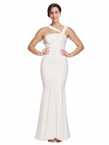 Affordable Full Length Square Neck Crepe Prom Dress with Asymmetrical Straps and Bow Back UK