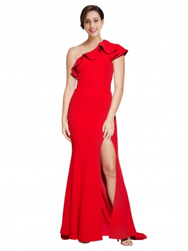 Affordable One Shoulder Long Sweep Train Crepe Prom Dress with Thigh High Split UK