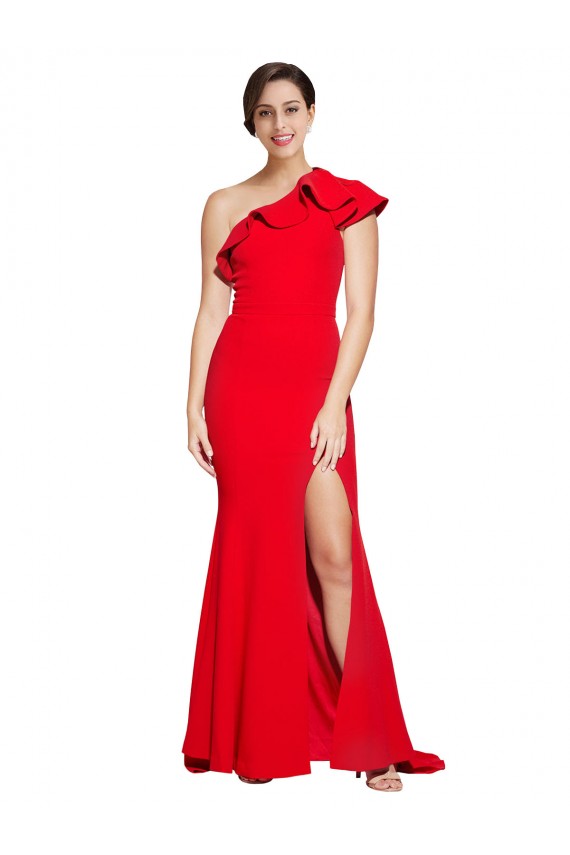 Affordable One Shoulder Long Sweep Train Crepe Prom Dress with Thigh High Split UK