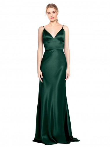 Affordable High V-Neck Long Full Length Sheath Stretch Satin Prom Dress UK