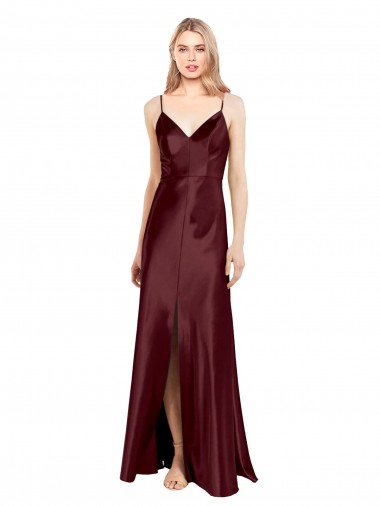 Affordable Sleek Spaghetti Straps V-Neck Stretch Satin Prom Dress with Center Front Slit UK