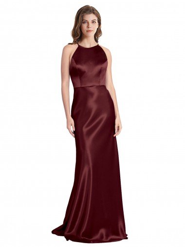 Affordable High Neck Halter Long Sleeveless Stretch Satin Prom Dress with Strappy Back UK