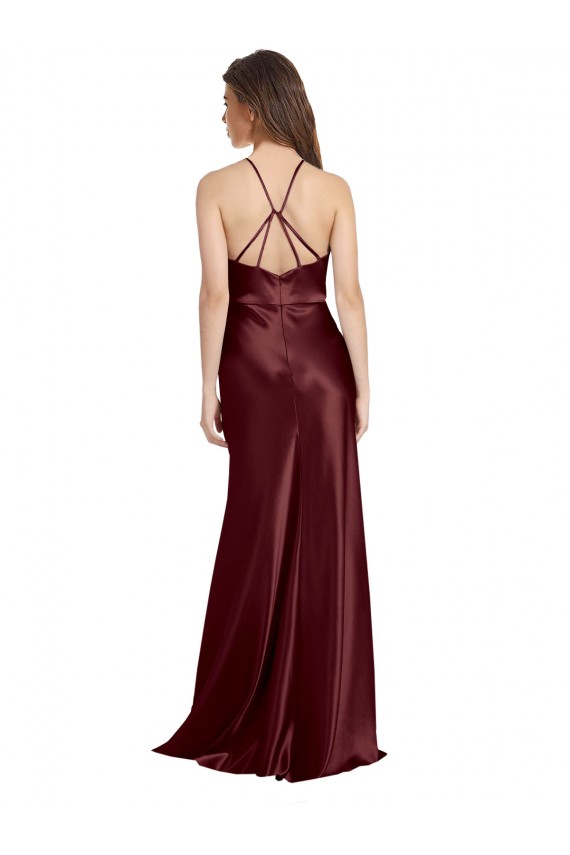 Affordable High Neck Halter Long Sleeveless Stretch Satin Prom Dress with Strappy Back UK