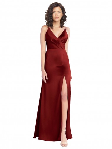 Affordable Faux Surplice Neckline Long Slim A-Line Stretch Satin Prom Dress UK