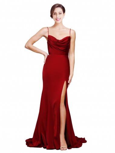 Affordable Cowl Front Neck Sweep Train Stretch Satin Prom Dress with High Side Split UK