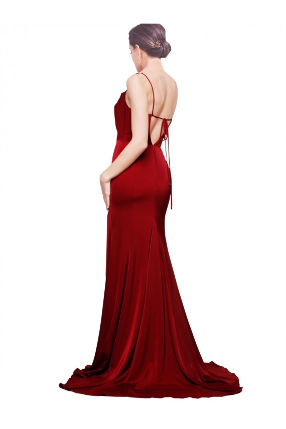 Affordable Cowl Front Neck Sweep Train Stretch Satin Prom Dress with High Side Split UK