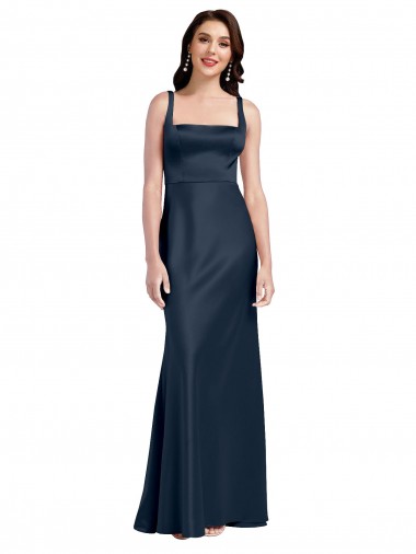 Affordable Square Neck A-Line Long Stretch Satin Prom Dress with Wide Straps UK