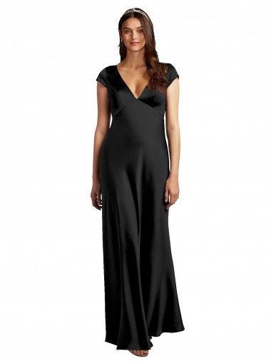 Affordable Plunging V-Neck Cap Cleeves Long Stretch Satin Prom Dress with Keyhole Back UK