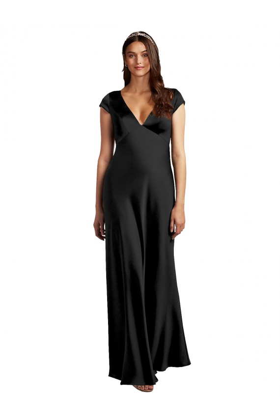 Affordable Plunging V-Neck Cap Cleeves Long Stretch Satin Prom Dress with Keyhole Back UK