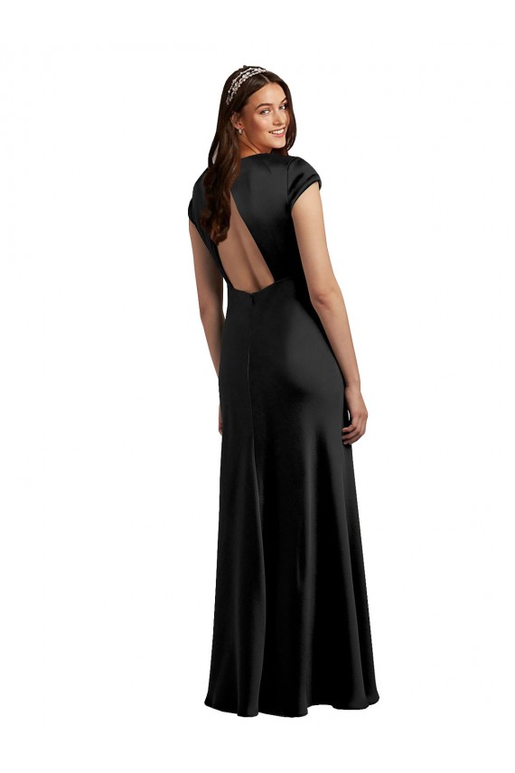 Affordable Plunging V-Neck Cap Cleeves Long Stretch Satin Prom Dress with Keyhole Back UK