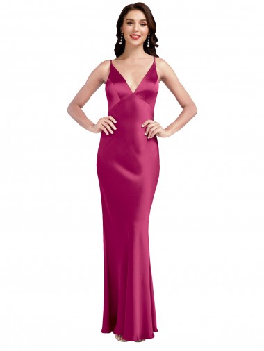 Affordable V-Neck Spaghetti Straps Slim Stretch Satin Prom Dress with Low Scoop Back UK