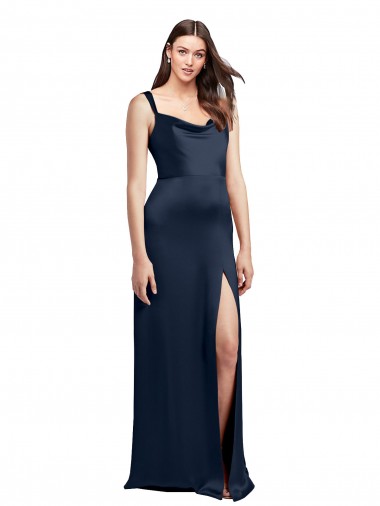 Affordable Cowl Neck Soft Long Stretch Satin Prom Dress with Side Slit and Pleated Straps UK