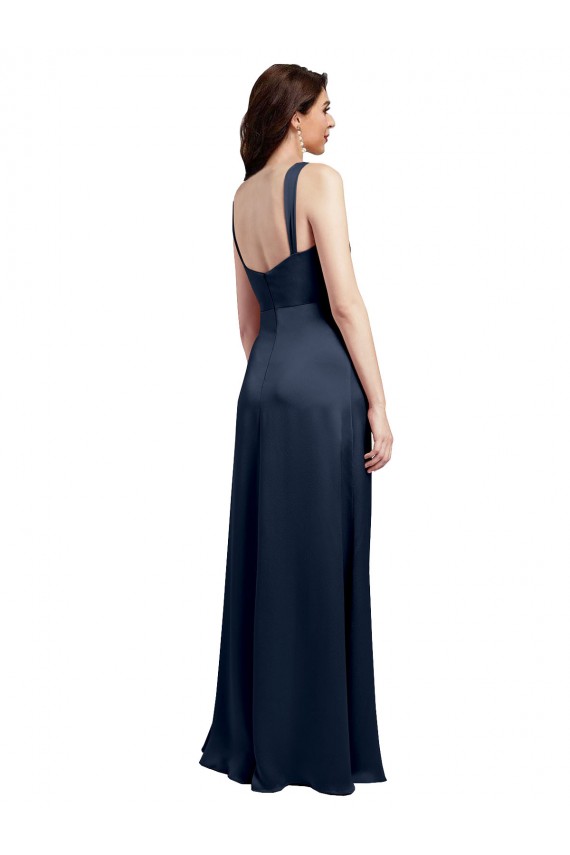 Affordable Cowl Neck Soft Long Stretch Satin Prom Dress with Side Slit and Pleated Straps UK