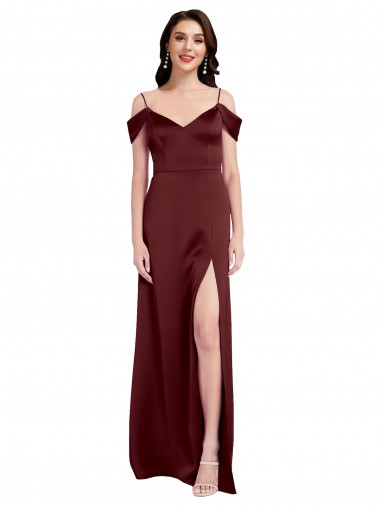 Affordable Draped Off the Shoulder Sleeves Slim A-Line Stretch Satin Prom Dress with Side Slit UK