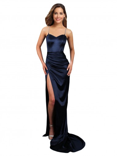 Affordable Pleated Sash Skirt Long Stretch Satin Prom Dress with High Slit UK