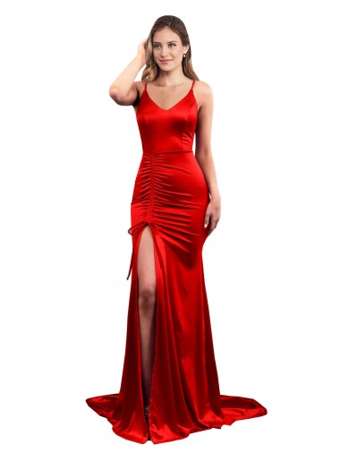 Affordable Long Pleated Stretch Satin Prom Dress with High Slit UK