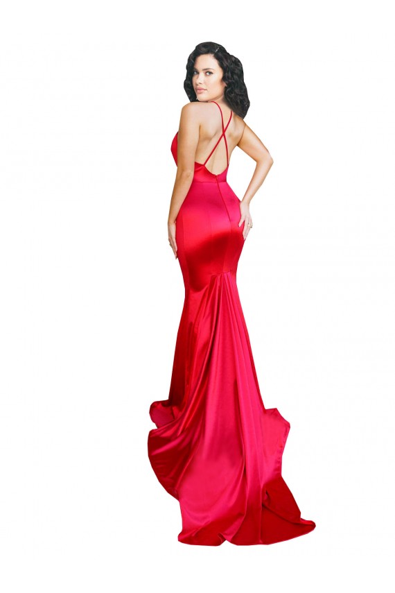 Affordable Mermaid Open Back Long Stretch Satin Prom Dress with High Slit UK